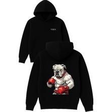 Buldog Boksör Tasarım Baskılı Oversize Siyah Kapüşonlu Sweatshirt