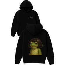 Tatlı Güzel Kurbağa Tasarım Baskılı Oversize Siyah Kapüşonlu Sweatshirt