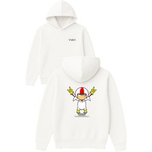 Vsrn Buttows Tasarım Baskılı Oversize Beyaz Kapüşonlu Sweatshirt