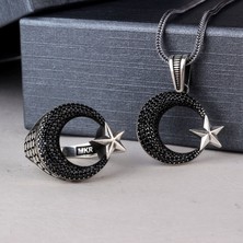 Takı925 925 Ayar Gümüş Mikro Taşlı Ayyıldız Model Kolye Yüzük Kombini