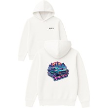 Vsrn Ragge Tasarım Baskılı Oversize Beyaz Kapüşonlu Sweatshirt