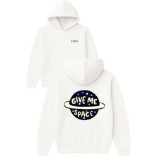 Vsrn Gıve Me Space Tasarım Baskılı Oversize Beyaz Kapüşonlu Sweatshirt