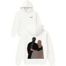 Vsrn Mutlu Güzel Çift Tasarım Baskılı Oversize Beyaz Kapüşonlu Sweatshirt