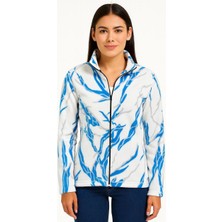 Kadın Tam Fermuarlı Desenli Polar Sweat Lightning Desen Yakalı, Uzun Kollu, Oversize Rahat Kalıp - Beyaz