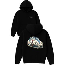 Vsrn Eski Yarış Arabası Tasarım Baskılı Oversize Siyah Kapüşonlu Sweatshirt