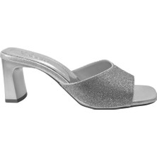 Beety Gümüş & Siyah Taşlı Kalın Topuklu Kadın Abiye Terlik