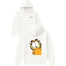 Vsrn Garfıeld Tasarım Baskılı Oversize Beyaz Kapüşonlu Sweatshirt