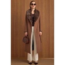 Olcay 3804 Taba Kadın Uzun Boy Kaban Çıkabilen Kurklu Düz Desenli Polyester Karışımlı