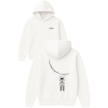Vsrn Aya Tutunan Astronot Tasarım Baskılı Oversize Beyaz Kapüşonlu Sweatshirt