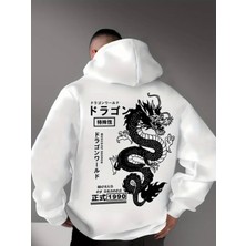 Amor Man Büyük Beden Özel Tasarım Kapüşonlu Japon Ejderha Sırt Baskılı Oversize Erkek Sweatshırt