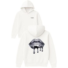 Vsrn Dudağa Uyarlanmış Parti Topu Tasarım Baskılı Oversize Beyaz Kapüşonlu Sweatshirt