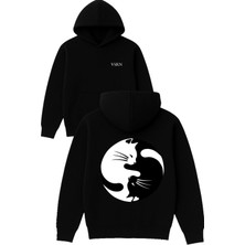 Vsrn 2 Kedi Samuray Tasarım Baskılı Oversize Siyah Kapüşonlu Sweatshirt
