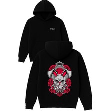 Vsrn Güllü Tavşan Tasarım Baskılı Oversize Siyah Kapüşonlu Sweatshirt
