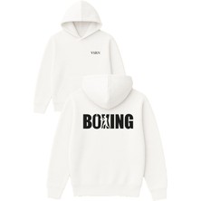 Vsrn Havalı Boxing Tasarım Baskılı Oversize Beyaz Kapüşonlu Sweatshirt