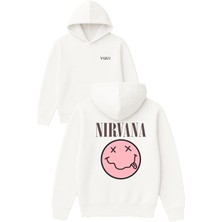 Vsrn Pembe Nırvana Tasarım Baskılı Oversize Beyaz Kapüşonlu Sweatshirt