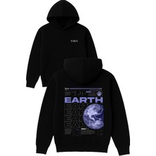 Vsrn Earth Earth Tasarım Baskılı Oversize Siyah Kapüşonlu Sweatshirt