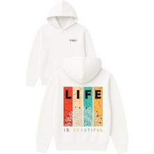 Vsrn Life Is Beautıful Tasarım Baskılı Oversize Beyaz Kapüşonlu Sweatshirt