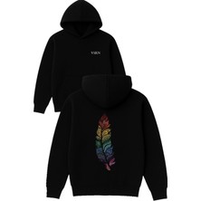 Vsrn Kuş Tüyü Tasarım Baskılı Oversize Siyah Kapüşonlu Sweatshirt