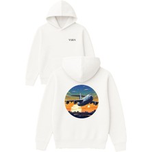 Vsrn Uçak Tasarım Baskılı Oversize Beyaz Kapüşonlu Sweatshirt
