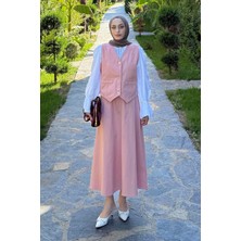 Lamelif Gabardin Yelek-Etek Ikili Tesettür Takım Pudra