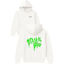 Vsrn Yeşil Stay Weırd Tasarım Baskılı Oversize Beyaz Kapüşonlu Sweatshirt
