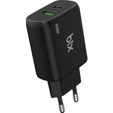 Mena Rise Bix ZH-2U41T 25W Pd 3.0 Type-C & Usb-A Çift Bağlantı Noktalı Hızlı Şarj Adaptörü Siyah,, 15/14/13/12/pro Max, iPad Air/pro ve Daha Fazlası ile Uyumlu