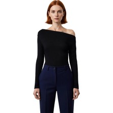 Ersefa Moda Kayık Yaka Örme Slim Çizgili Desen Casual Günlük Regular Uzun Kol Bluz