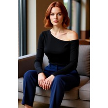 FRM Moda Büyük Beden Devrik Yaka Örme Fit Düz Desen Casual Günlük Regular Uzun Kol Bluz