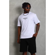Moda Unisex Oversize Baskılı Bisiklet Yaka T-Shirt - Beyaz
