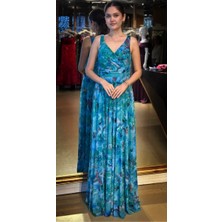 Abiyeniall Turkuaz Kalın Askı Kloş Etekli Desenli Tül Uzun Abiye Elbise 7594