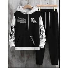 Kids Face Özel Tasarım Kapüşonlu Los Angeles La Baskılı Çift Renk %100 Pamuk 3 Iplik Kışlık Erkek Çocuk Eşofman Takımı