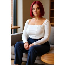 FRM Kadın Moda Şık Büyük Beden Crop Kare Yaka Fitted Kalıp Örme Fittilli Biye Detaylı Bluz