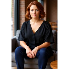 FRM Kadın Moda Şık Büyük Beden Regular V Yaka Regular Kalıp Dokuma Bağlamalı Bluz