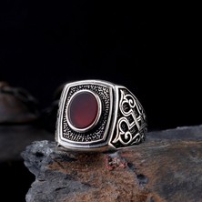 Takı925 Oval Akik Taşlı Desen Motifli 925 Ayar Gümüş Erkek Yüzük