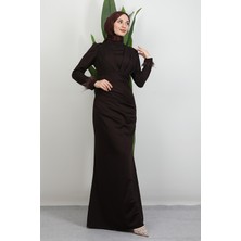Giza Store Kolu Tüylü Pile Detay Elbise Acı Kahve