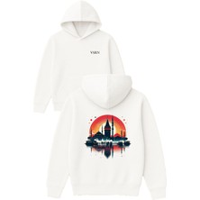 Vsrn Istanbul Eserleri Tasarım Baskılı Oversize Beyaz Kapüşonlu Sweatshirt