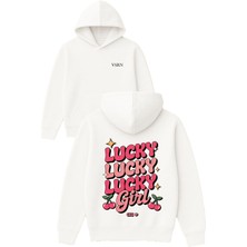 Vsrn Lucky Lucky Tasarım Baskılı Oversize Beyaz Kapüşonlu Sweatshirt