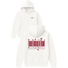 Vsrn I Love Qr Kod Tasarım Baskılı Oversize Beyaz Kapüşonlu Sweatshirt