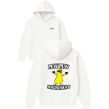 Vsrn Pew Pew Tasarım Baskılı Oversize Beyaz Kapüşonlu Sweatshirt