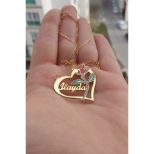 Özgür Takı 925 Ayar Gümüş 24 Ayar Altın Kaplama Isimli Kalpli Gül Kolye