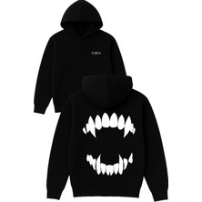 Vsrn Düz Vampir Dişleri Tasarım Baskılı Oversize Siyah Kapüşonlu Sweatshirt