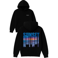 Vsrn Sunset Koyu Mavi Tasarım Baskılı Oversize Siyah Kapüşonlu Sweatshirt