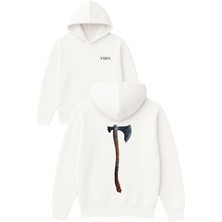 Vsrn Viking Baltası Tasarım Baskılı Oversize Beyaz Kapüşonlu Sweatshirt