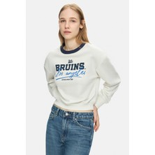 Ucla MELLO Kemik Rengi Bisiklet Yaka Crop Pamuklu Baskılı Loose Fit Kadın Sweatshirt