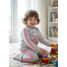 Şimo Butik Bayramlık Kız Çocuk Peluş Detaylı Kabartmalı Kalın Takım Cepli %100 Pamuk