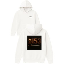 Vsrn 1453 Istanbul Fethi Tasarım Baskılı Oversize Beyaz Kapüşonlu Sweatshirt