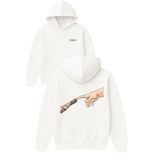Vsrn Kedi ve Insan Tasarım Baskılı Oversize Beyaz Kapüşonlu Sweatshirt