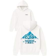 Vsrn Traıl Hunters Tasarım Baskılı Oversize Beyaz Kapüşonlu Sweatshirt