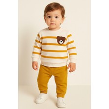 Dinamik Çocuk Çizgili Punch Ayıcık Omuzdan Çıtçıtlı Bebek Takımı 2li Alt Üst 3-6-9-12AY Erkek Çocuk İçin