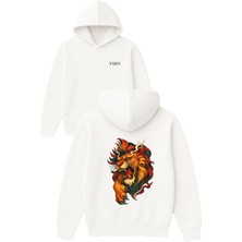 Vsrn Aslan Pencesi Tasarım Baskılı Oversize Beyaz Kapüşonlu Sweatshirt